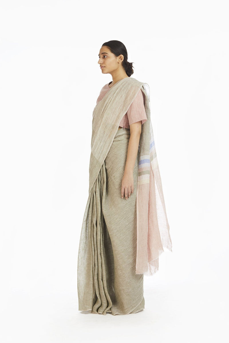 Handwoven Engineered Olive Soft Pink Linen Saree linen by Akaaro for women Worldwide