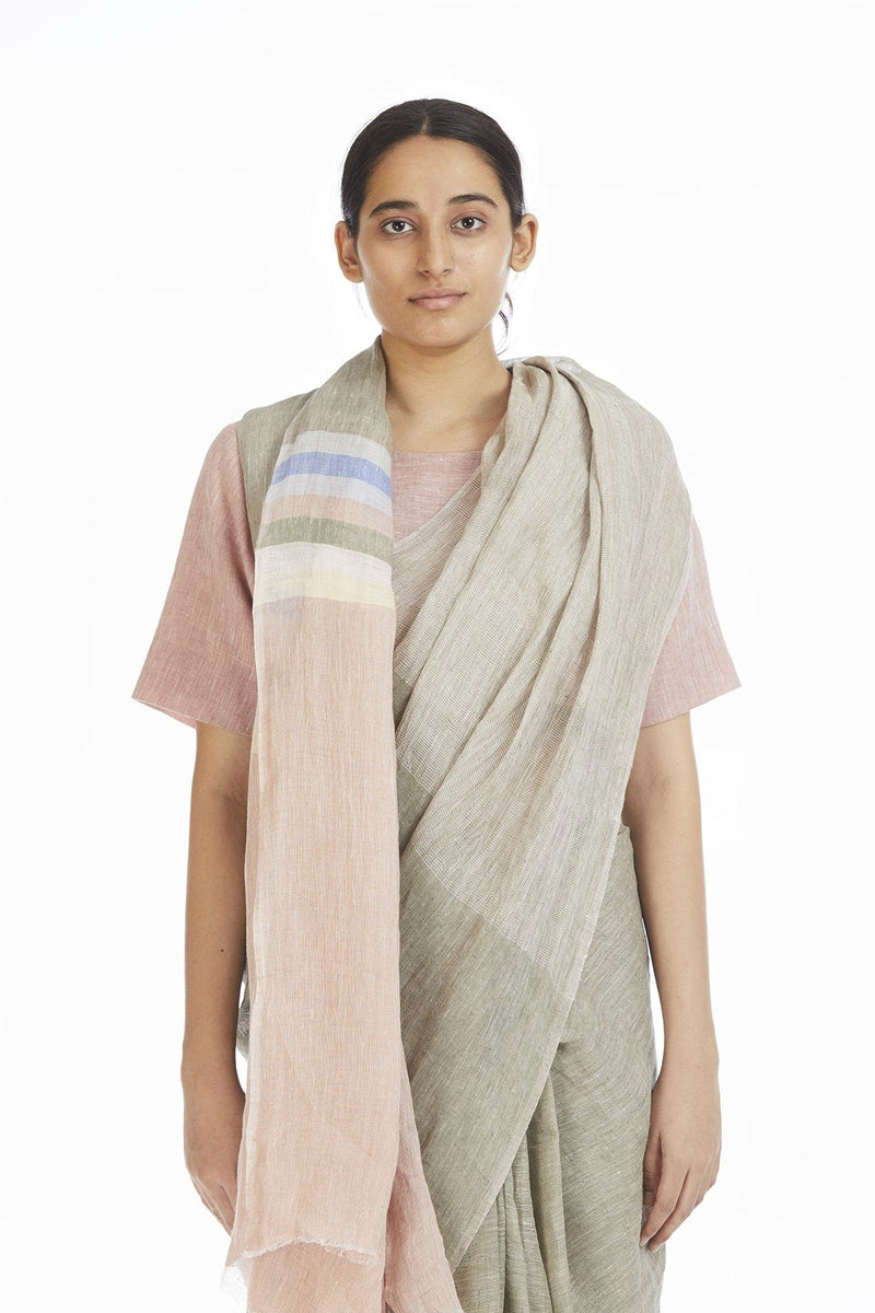 Handwoven Engineered Olive Soft Pink Linen Saree linen by Akaaro for women Worldwide