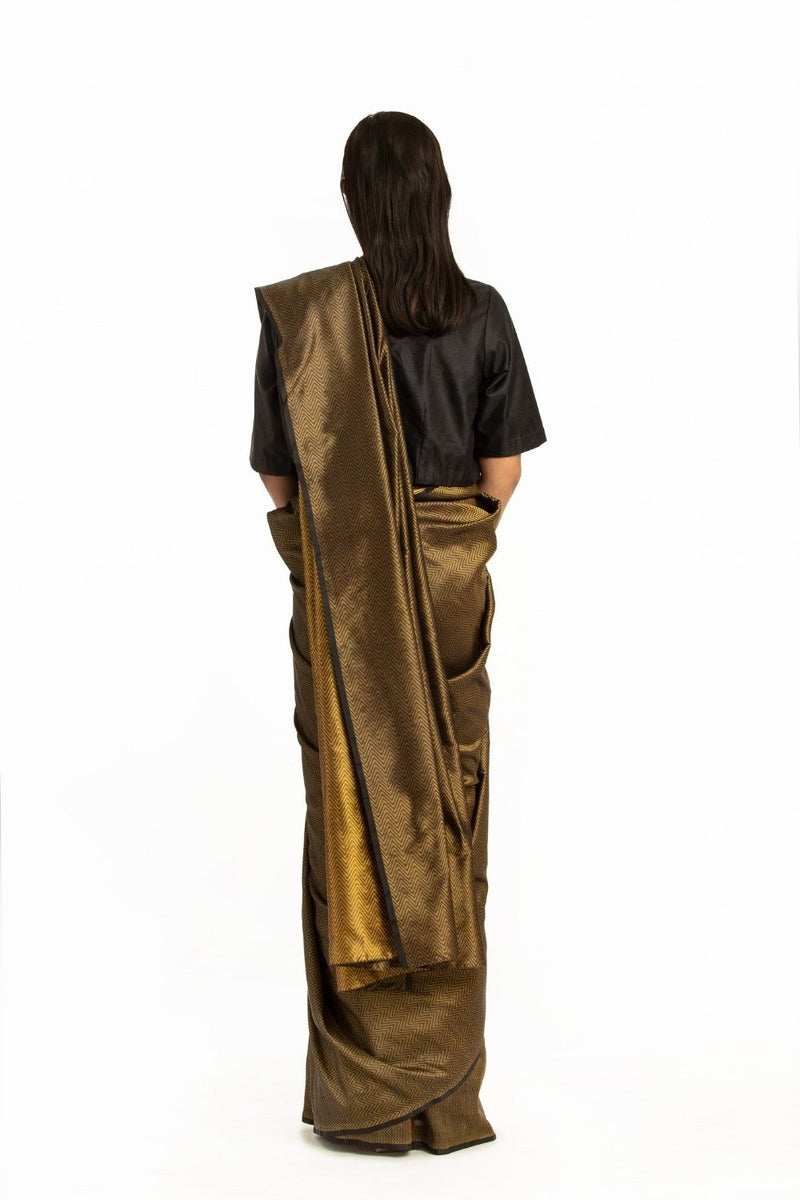 Handwoven Gold Black Chevron Silk Saree by Akaaro for women Worldwide