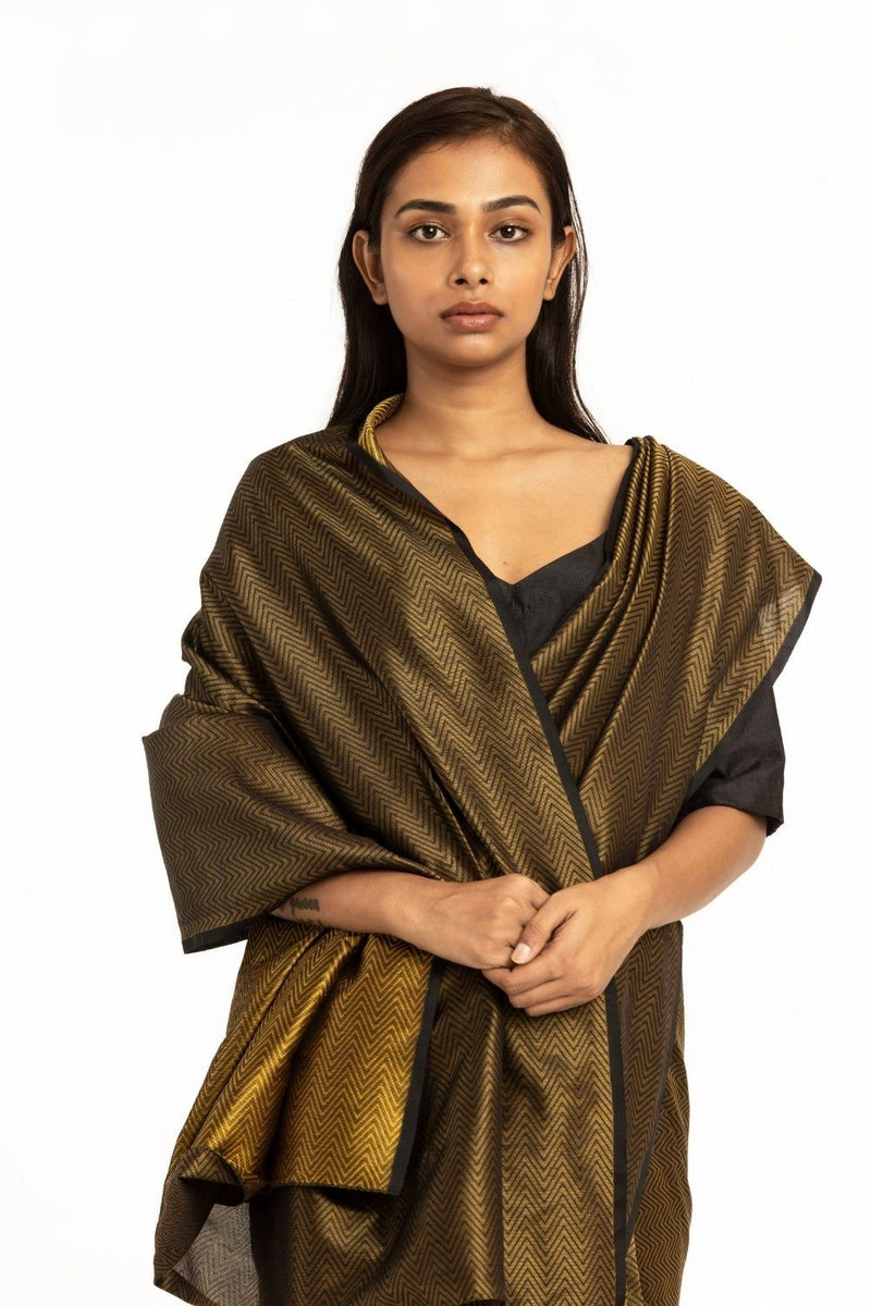 Handwoven Gold Black Chevron Silk Saree by Akaaro for women Worldwide