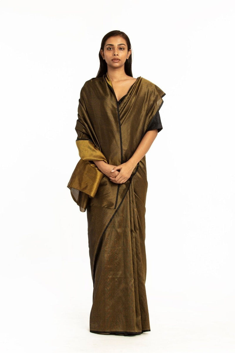 Handwoven Gold Black Chevron Silk Saree by Akaaro for women Worldwide