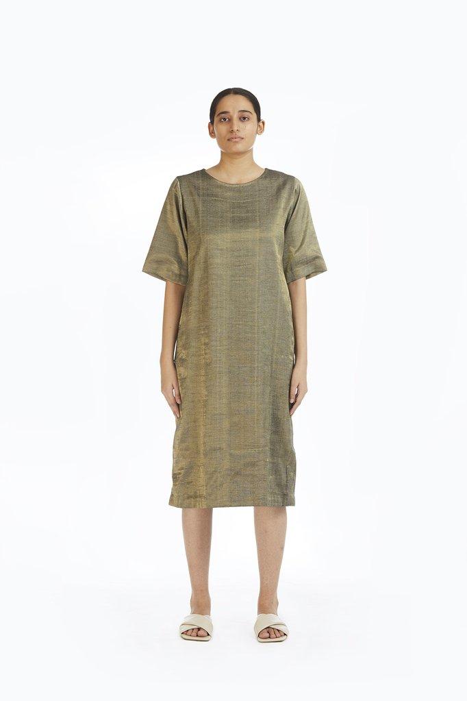 Handwoven Gold Crack Shift Dress by Akaaro for women Worldwide