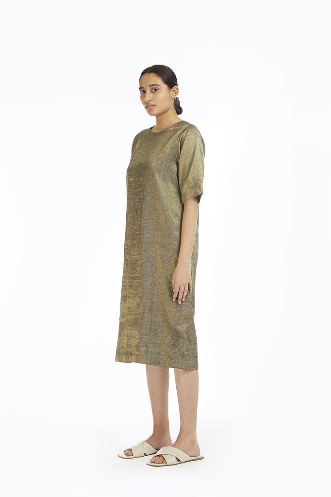 Handwoven Gold Crack Shift Dress by Akaaro for women Worldwide