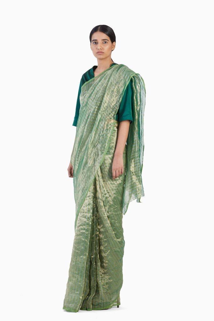 Handwoven Green Gold Striped Metallic Saree by Akaaro for women Worldwide