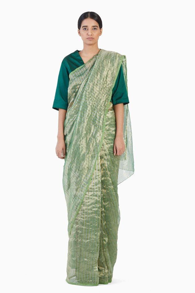 Handwoven Green Gold Striped Metallic Saree by Akaaro for women Worldwide