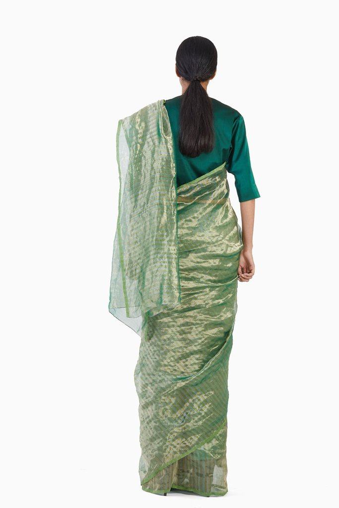 Handwoven Green Gold Striped Metallic Saree by Akaaro for women Worldwide