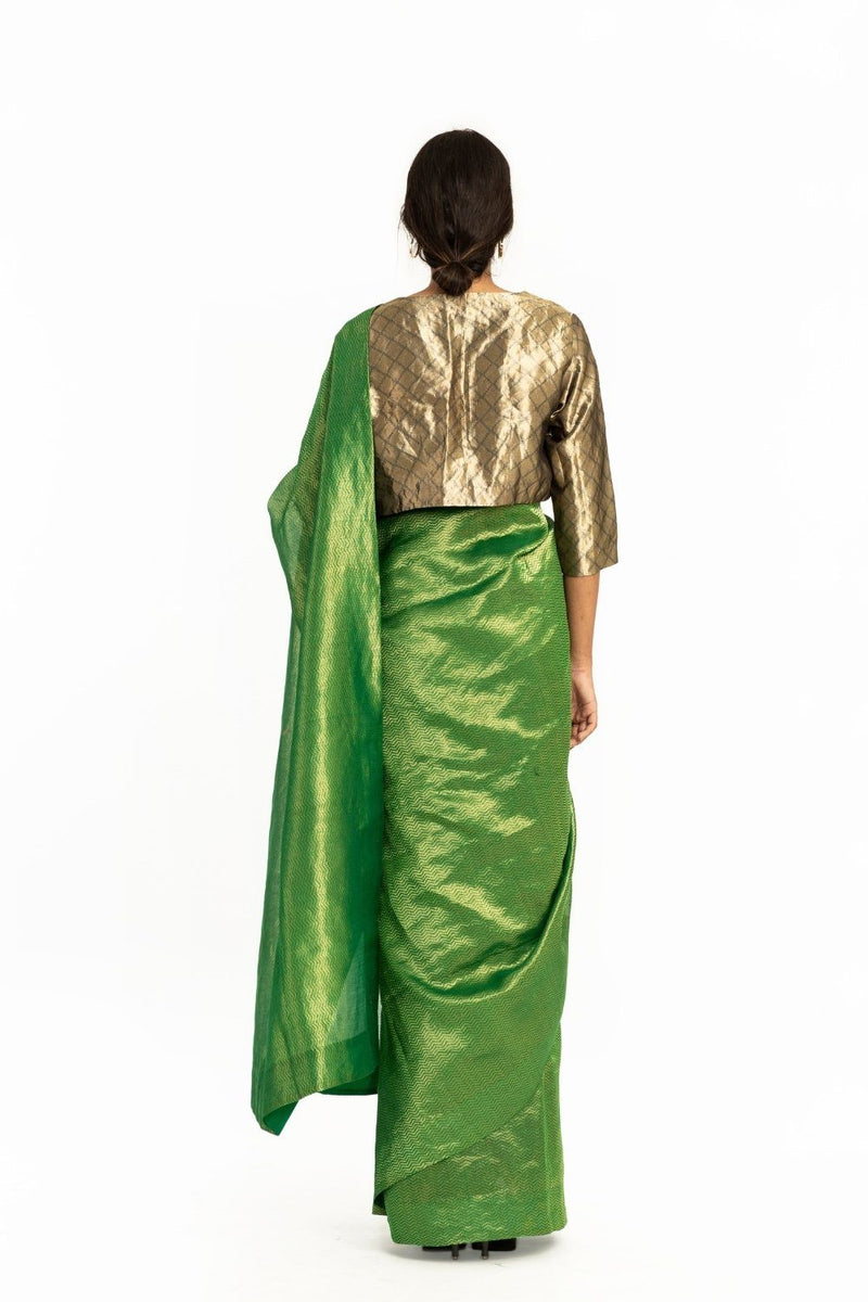Handwoven Green Metallic Chevron Saree by Akaaro for women Worldwide