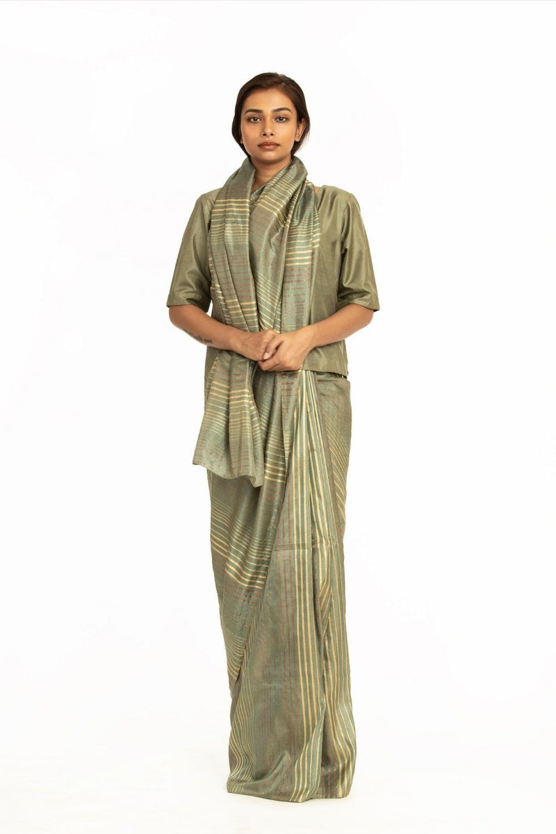 Handwoven Green Pale Striped Silk Saree by Akaaro for women Worldwide