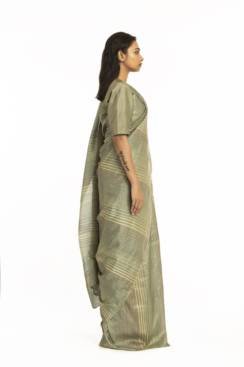 Handwoven Green Pale Striped Silk Saree by Akaaro for women Worldwide