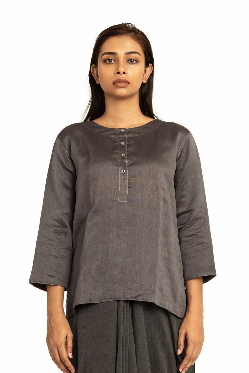 Handwoven Grey Short Placket Kameez Blouse by Akaaro for women Worldwide