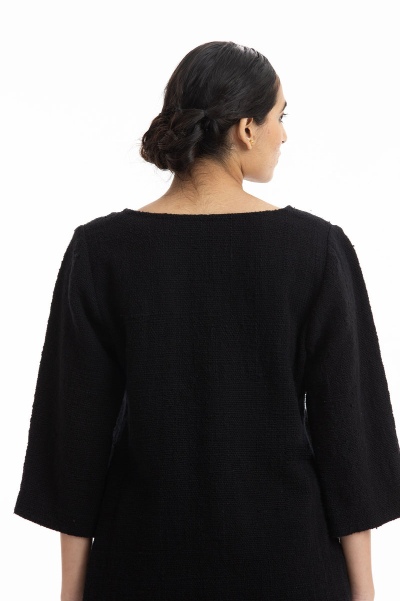 Handwoven Handspun Round Neck Black Khes Cotton Top by Akaaro for women Worldwide