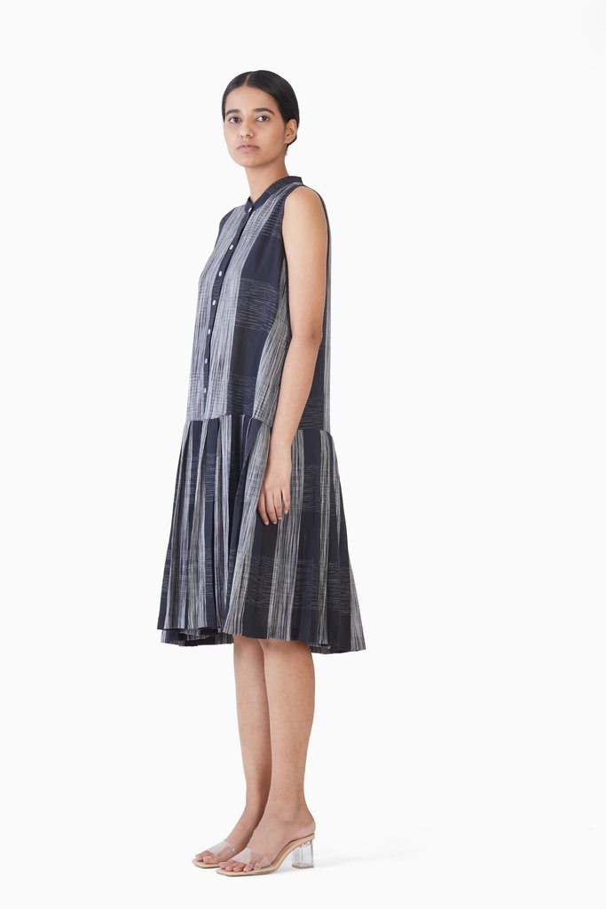 Handwoven Ikat Sleeveless Bottom Pleated Dress by Akaaro for women Worldwide