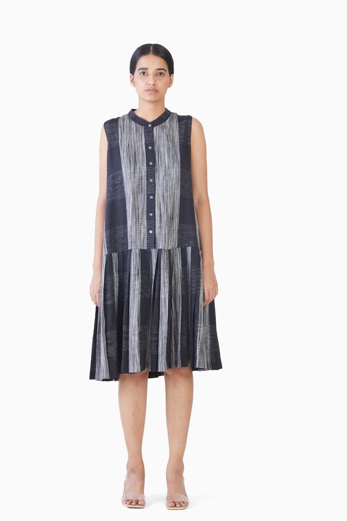 Handwoven Ikat Sleeveless Bottom Pleated Dress by Akaaro for women Worldwide