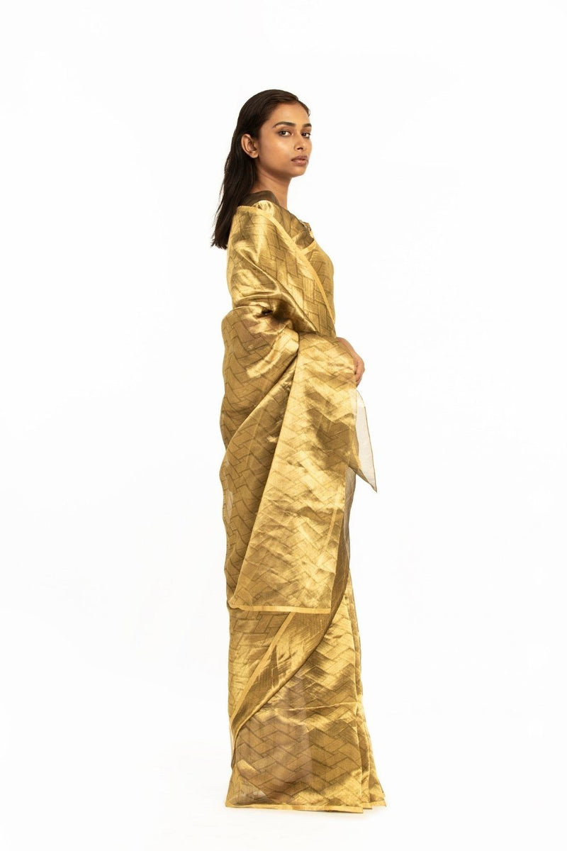 Handwoven Liquid Molten Gold Rectangle Textured Saree by Akaaro for women Worldwide
