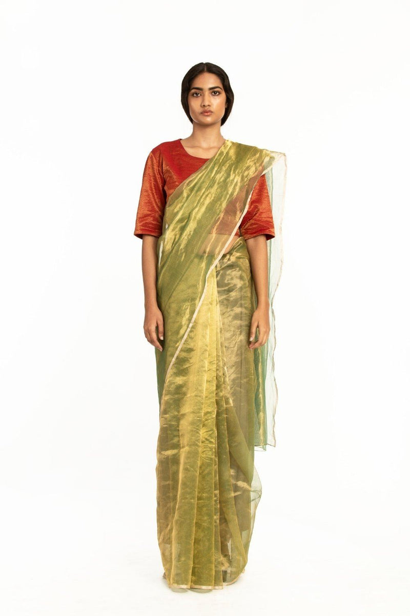 Handwoven Liquid Molten Green Gold Metallic Saree by Akaaro for women Worldwide