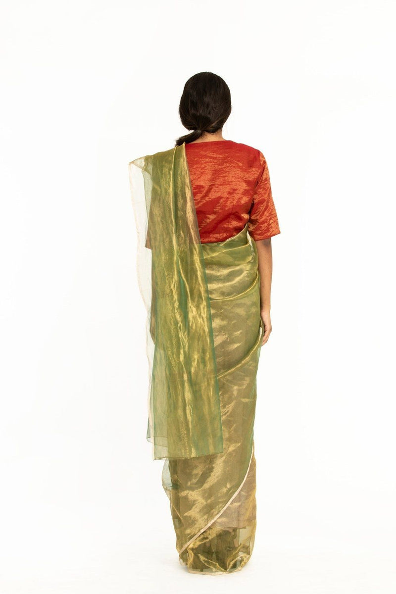 Handwoven Liquid Molten Green Gold Metallic Saree by Akaaro for women Worldwide