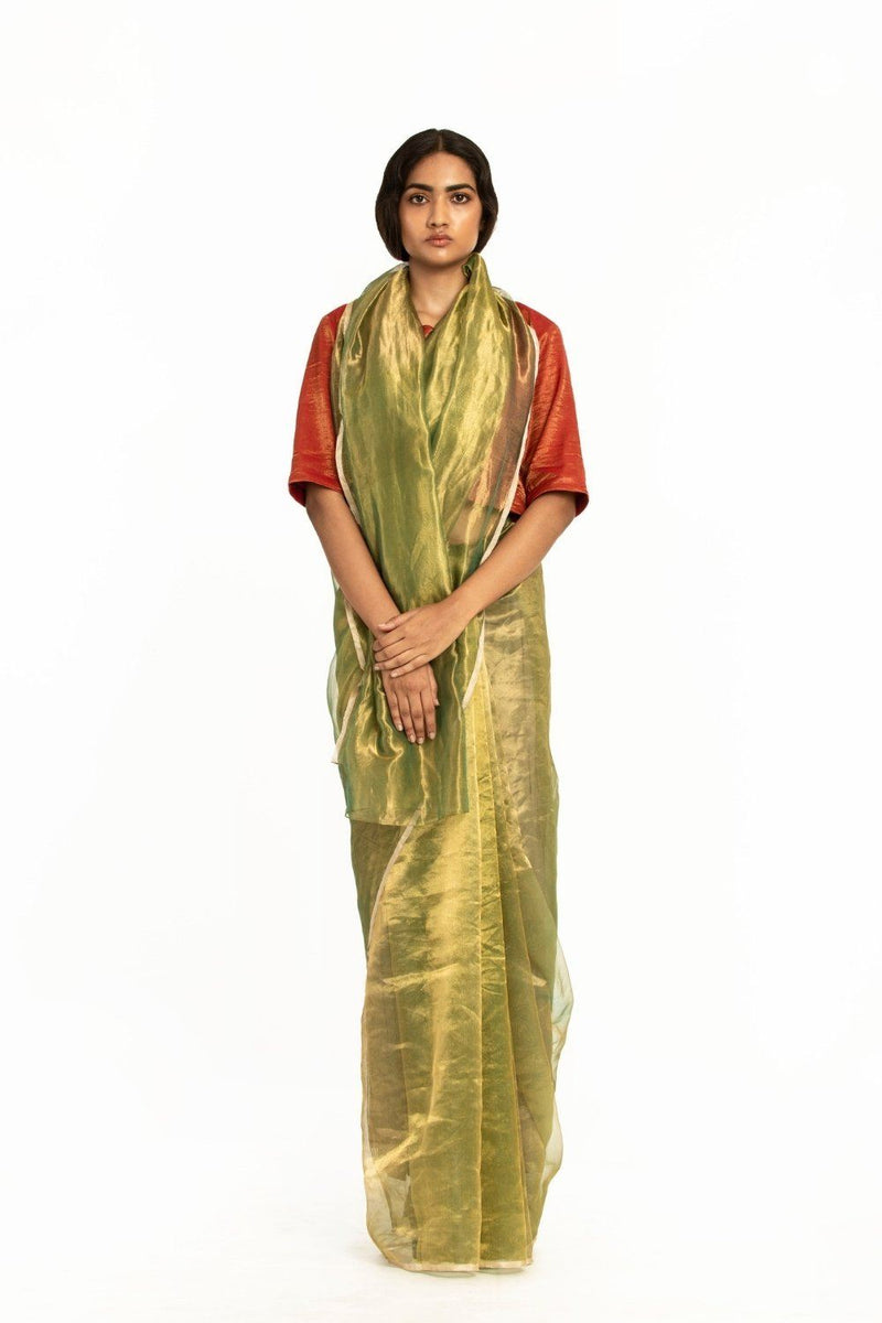Handwoven Liquid Molten Green Gold Metallic Saree by Akaaro for women Worldwide
