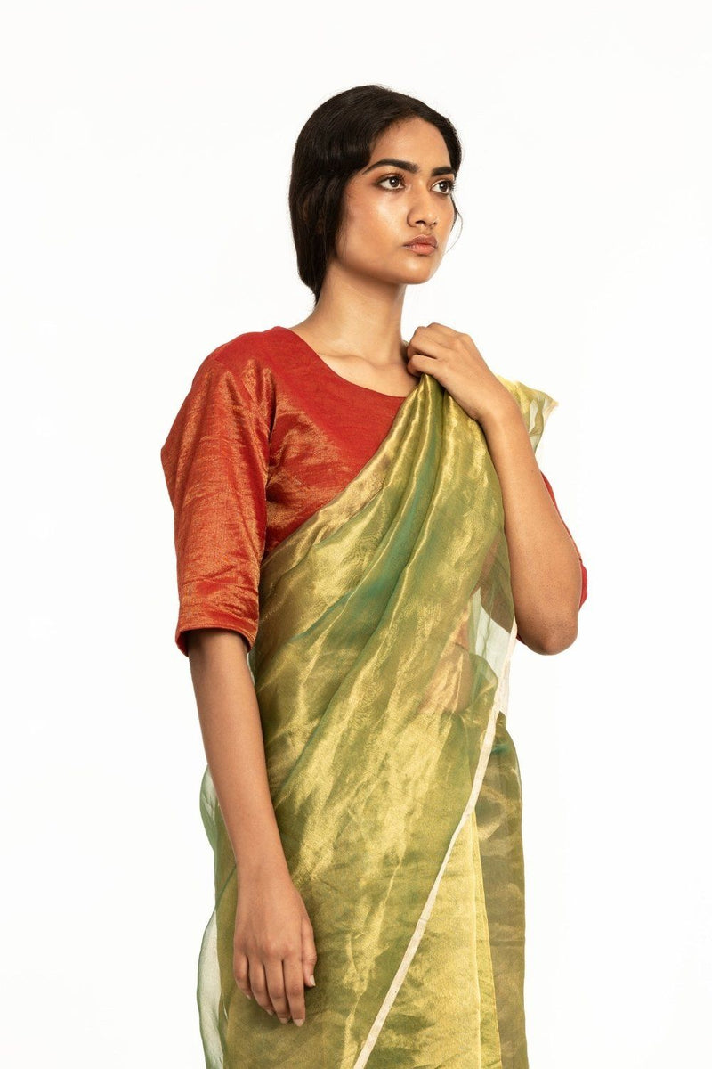 Handwoven Liquid Molten Green Gold Metallic Saree by Akaaro for women Worldwide
