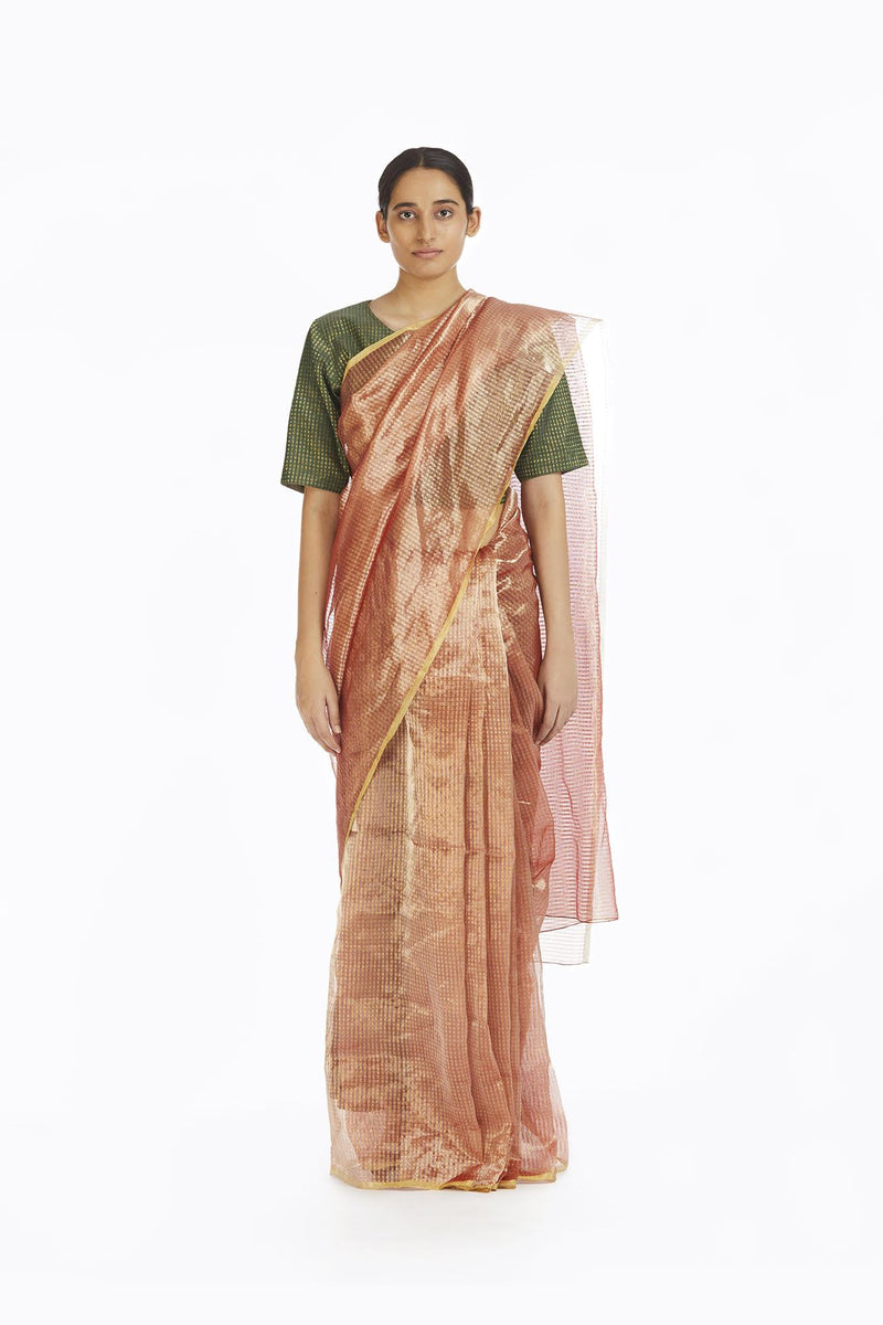 Handwoven Liquid Molten Pink Textured Metallic Saree by Akaaro for women Worldwide