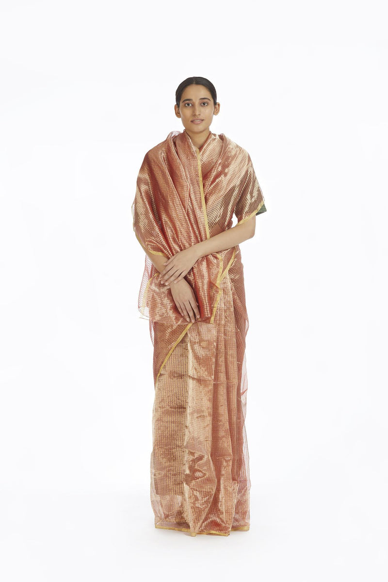 Handwoven Liquid Molten Pink Textured Metallic Saree by Akaaro for women Worldwide