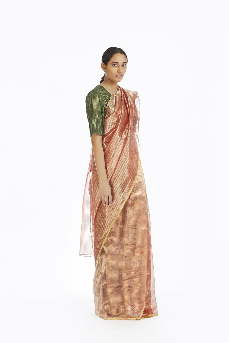 Handwoven Liquid Molten Pink Textured Metallic Saree by Akaaro for women Worldwide