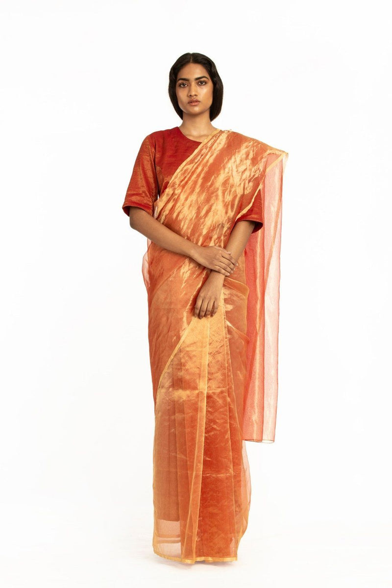 Handwoven Liquid Molten Red Metallic Saree by Akaaro for women Worldwide