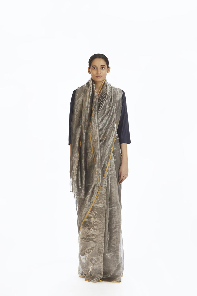 Handwoven Liquid Molten Silver Metallic Saree by Akaaro for women Worldwide