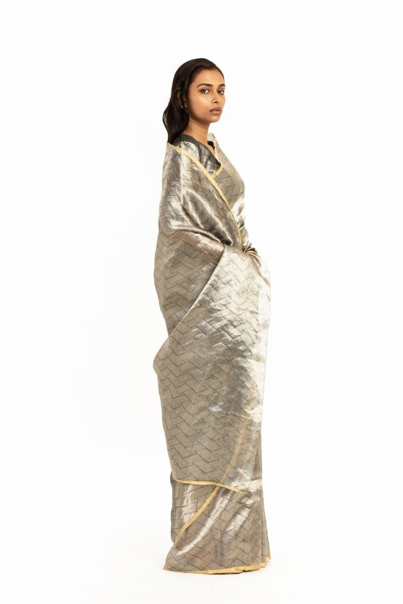 Handwoven Liquid Molten Silver Rectangle Textured Saree by Akaaro for women Worldwide