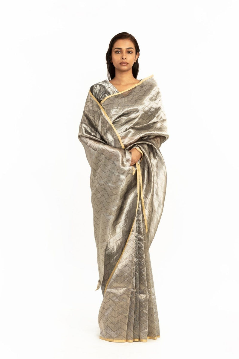 Handwoven Liquid Molten Silver Rectangle Textured Saree by Akaaro for women Worldwide