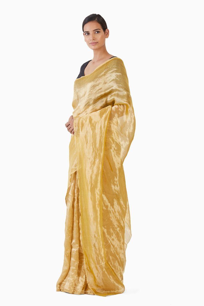 Handwoven Liquid Molten Yellow Textured Metallic Saree by Akaaro for women Worldwide
