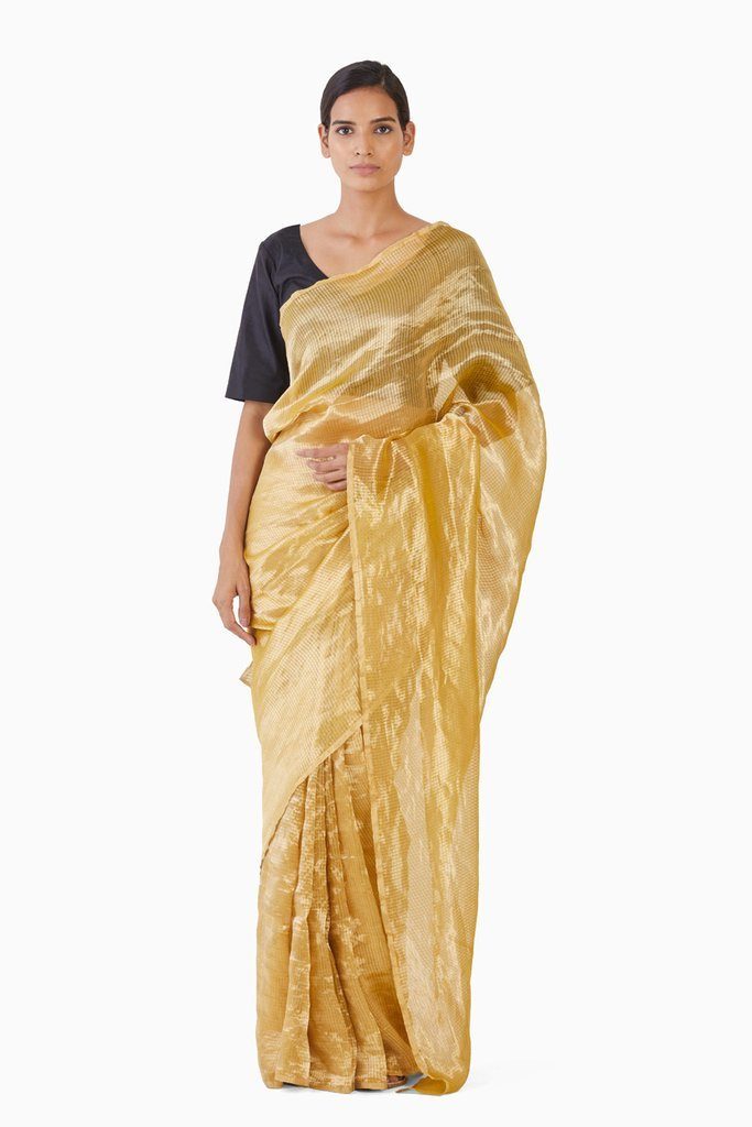 Handwoven Liquid Molten Yellow Textured Metallic Saree by Akaaro for women Worldwide