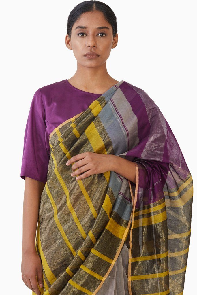 Handwoven Magenta Yellow Engineered Saree by Akaaro for women Worldwide