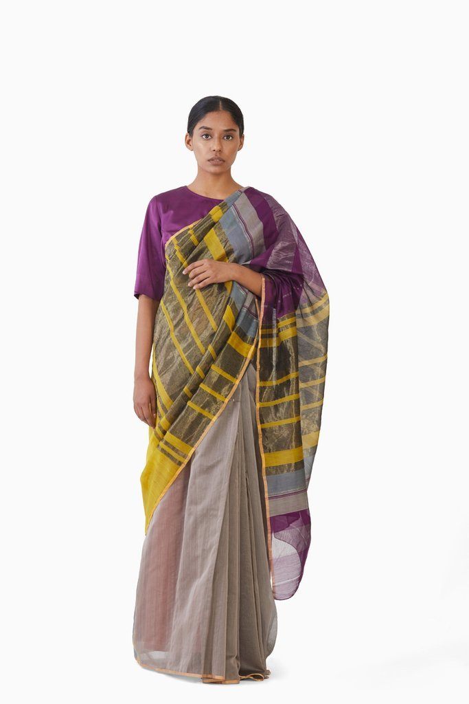 Handwoven Magenta Yellow Engineered Saree by Akaaro for women Worldwide