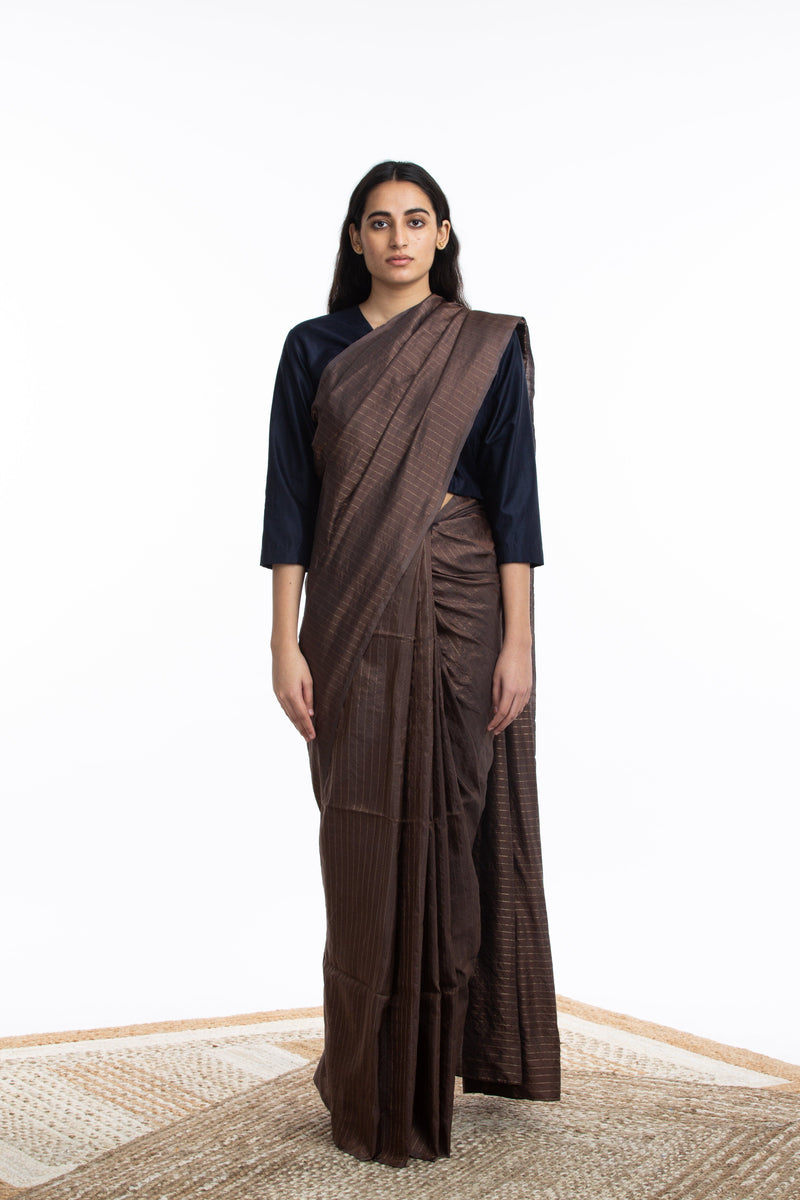 Handwoven Maroon Zari Striped Silk Saree by Akaaro for women Worldwide