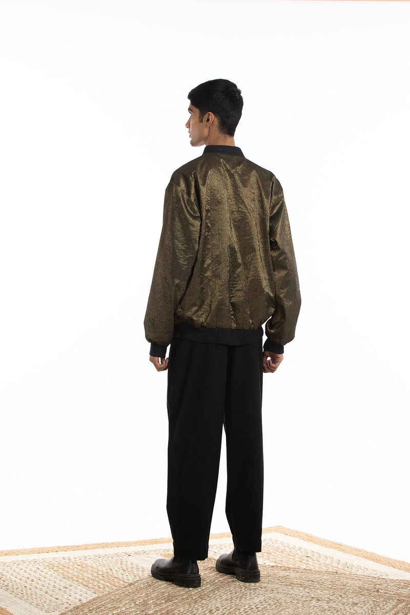 Handwoven Molten Gold Metallic Bomber Jacket by Akaaro Men for men Worldwide