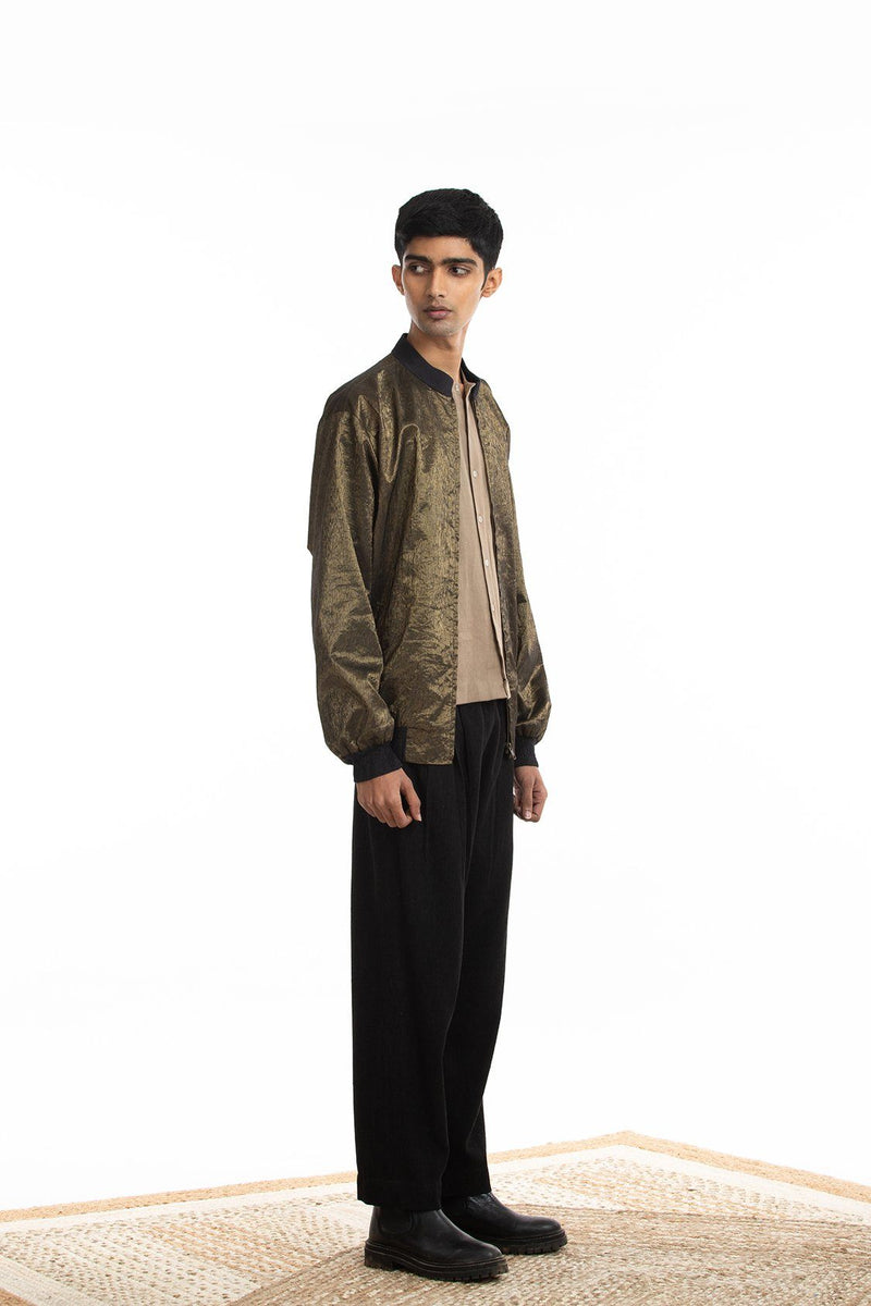 Handwoven Molten Gold Metallic Bomber Jacket by Akaaro Men for men Worldwide