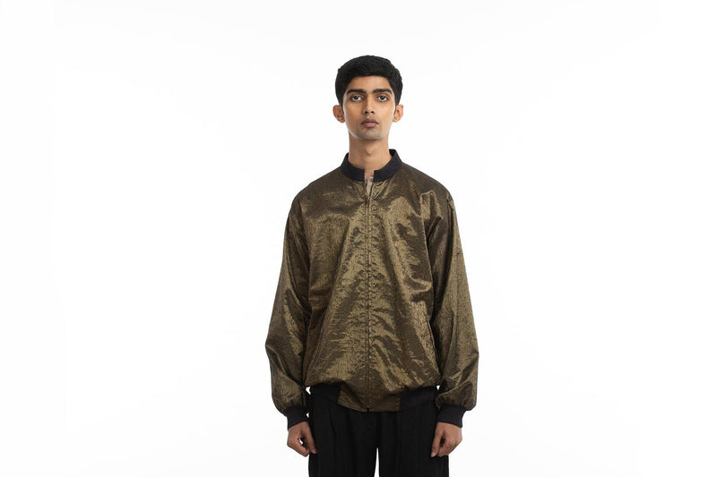 Handwoven Molten Gold Metallic Bomber Jacket by Akaaro Men for men Worldwide