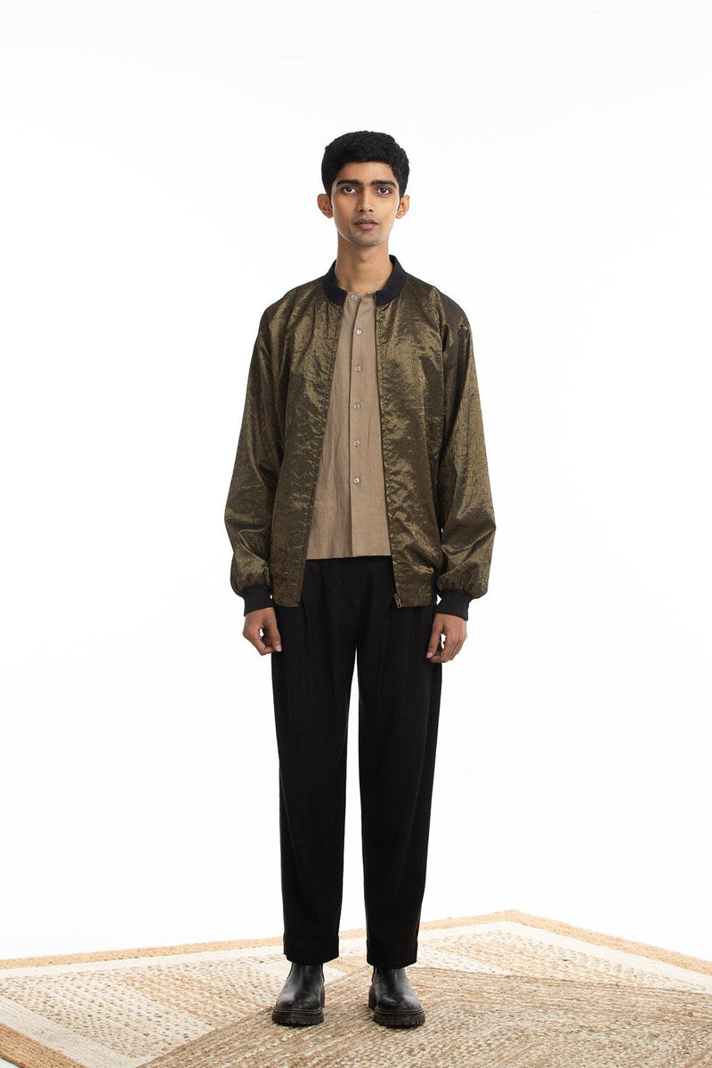 Handwoven Molten Gold Metallic Bomber Jacket by Akaaro Men for men Worldwide