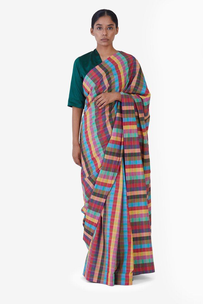 Handwoven Multi Colored Checkered Saree by Akaaro for women Worldwide