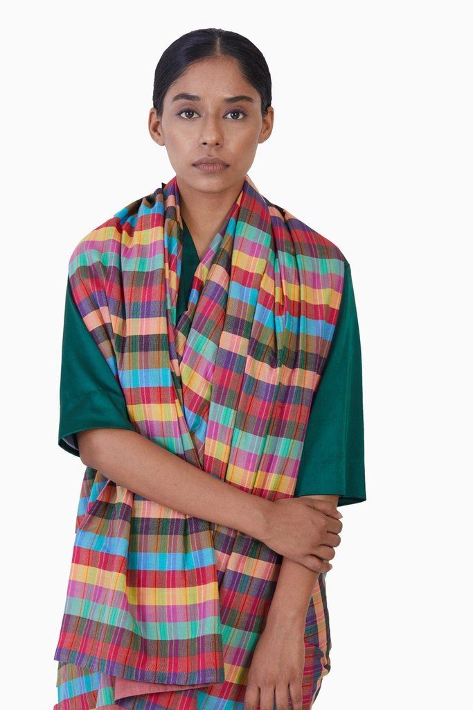 Handwoven Multi Colored Checkered Saree by Akaaro for women Worldwide