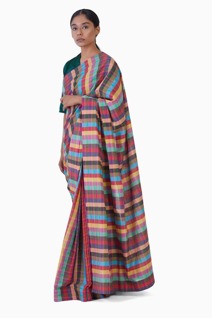 Handwoven Multi Colored Checkered Saree by Akaaro for women Worldwide