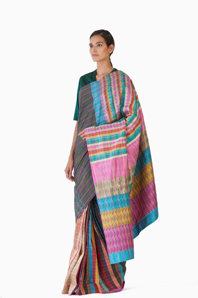 Handwoven Multicolored Block Engineered Saree by Akaaro for women Worldwide