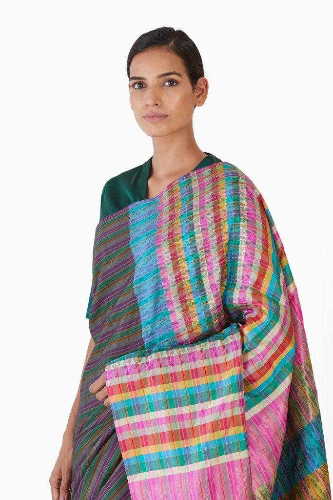 Handwoven Multicolored Block Engineered Saree by Akaaro for women Worldwide
