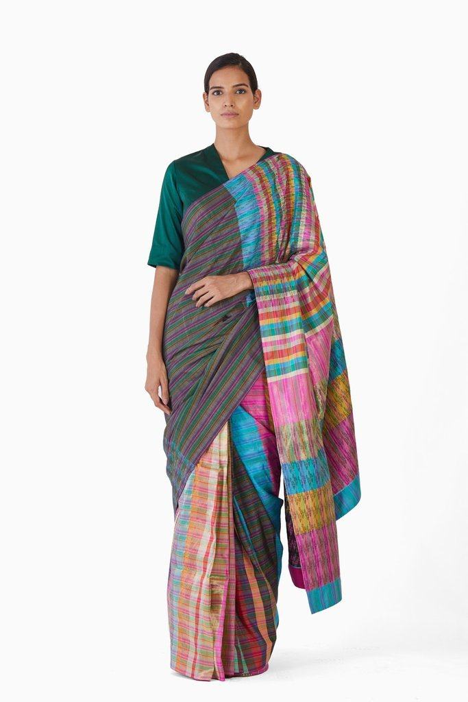 Handwoven Multicolored Block Engineered Saree by Akaaro for women Worldwide