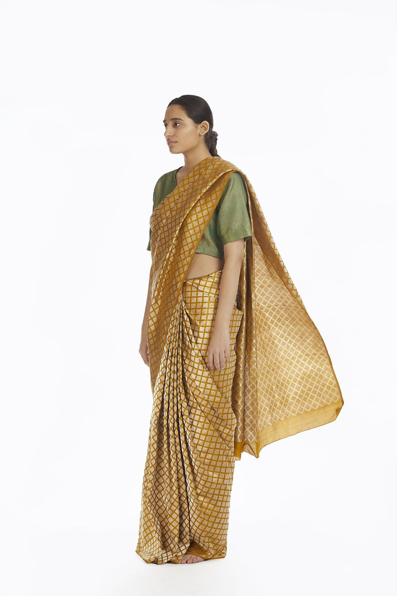 Handwoven Mustard Silk Brocade Saree by Akaaro for women Worldwide