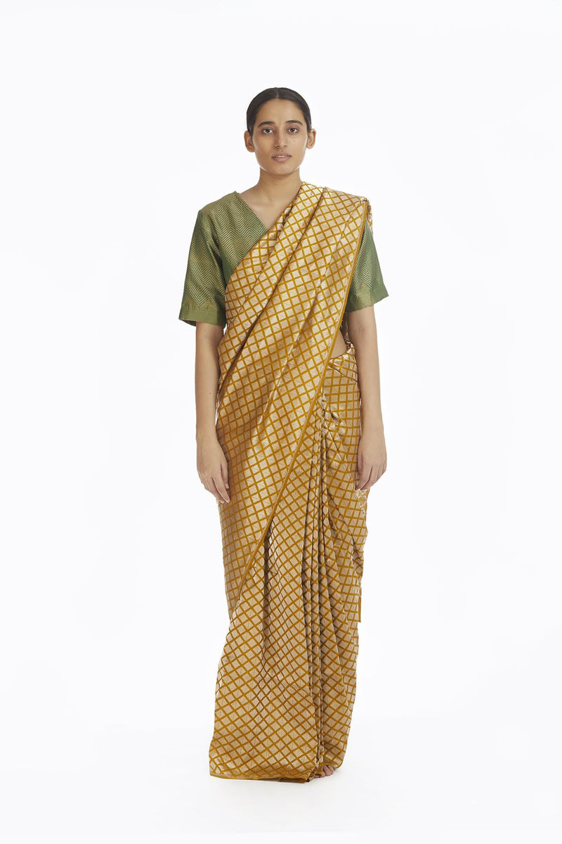 Handwoven Mustard Silk Brocade Saree by Akaaro for women Worldwide