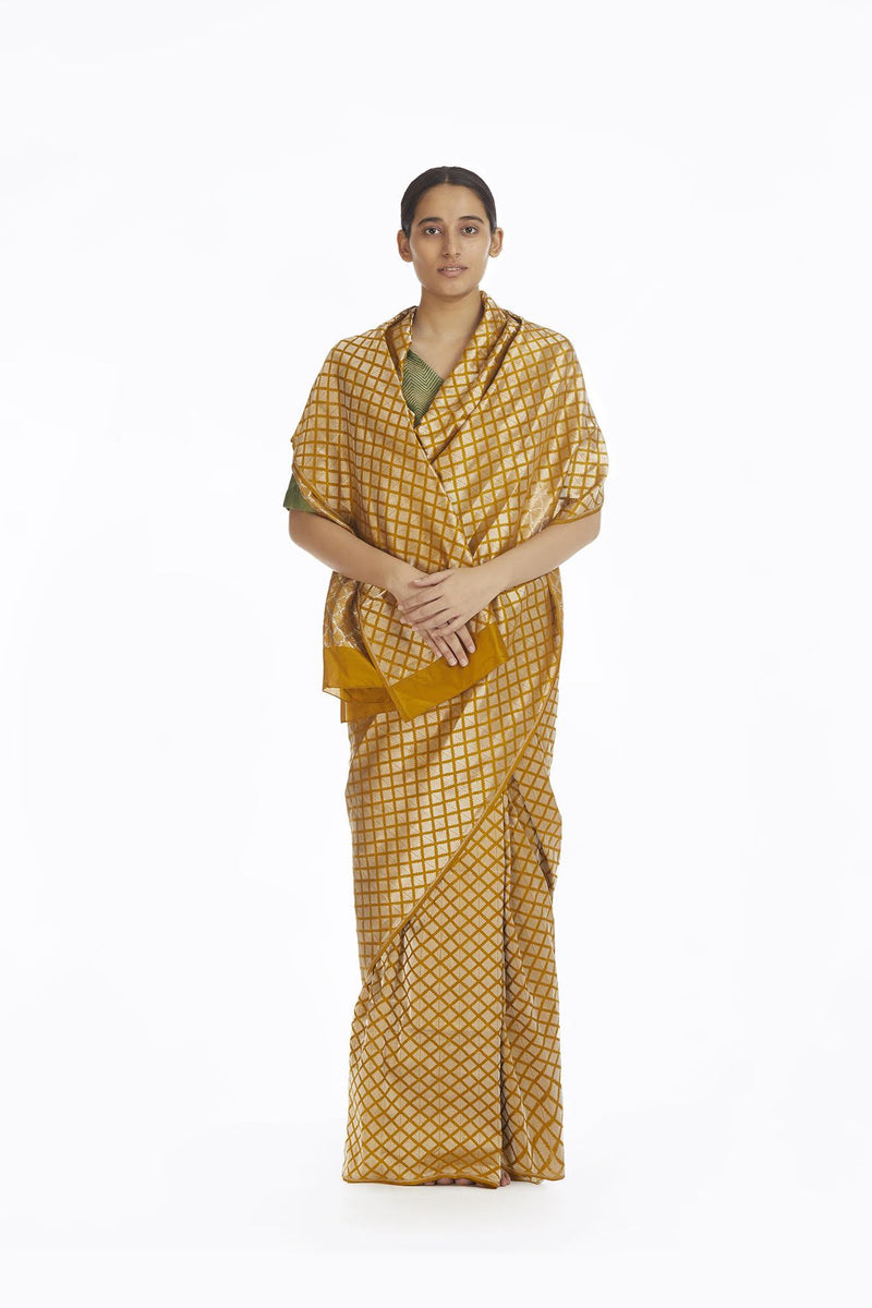 Handwoven Mustard Silk Brocade Saree by Akaaro for women Worldwide