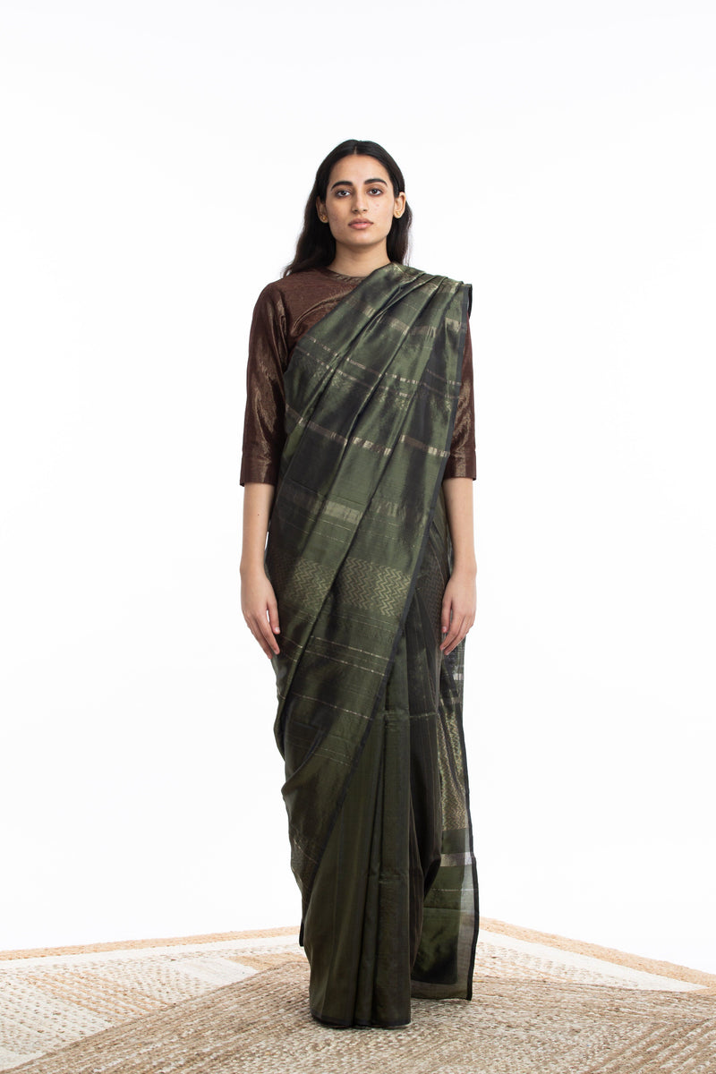 Handwoven Olive Engineered Saree by Akaaro for women Worldwide