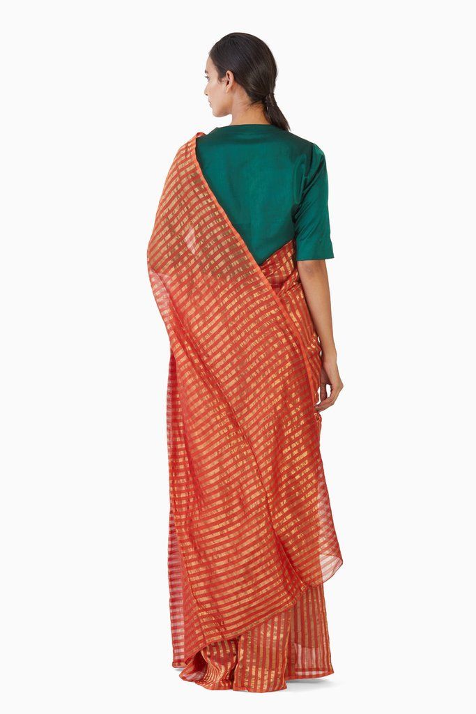 Handwoven Orange Gold Striped Silk Zari Saree by Akaaro for women Worldwide