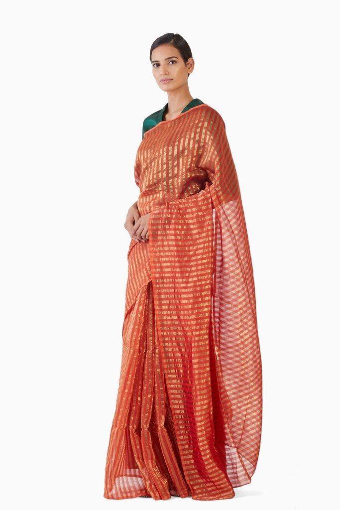 Handwoven Orange Gold Striped Silk Zari Saree by Akaaro for women Worldwide